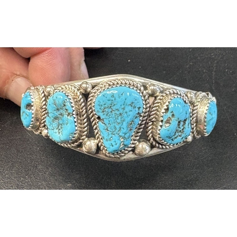 Vintage Native American Navajo Kingman Turquoise Silver Cuff Bracelet 43g - Picture 4 of 9